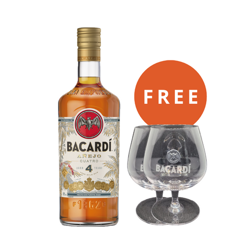 Bacardi Anejo Cuatro 4YO + 2x FREE Bacardi Snifter Glass